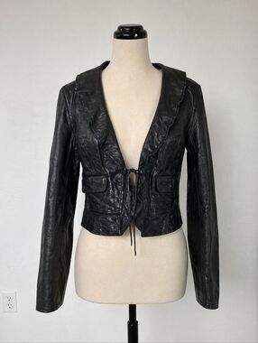 Old Navy Genuine Leather Jacket Black Cropped Fitted M